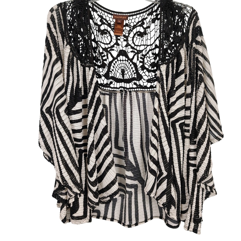 NWT Multiples Women 1X Double Vision Cardigan Black White Geometric Crochet Boho